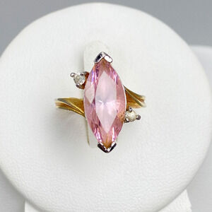 Vintage Pink Marquise Glass Cocktail Ring Gold Silver Tone Statement Size 6